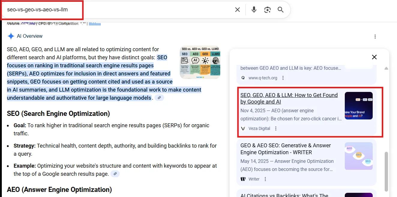 Google AI Overview comparing SEO, AEO, GEO and LLM optimisation, with a Veza Digital article titled SEO, GEO, AEO and LLM: How to Get Found by Google and AI highlighted in the sources panel.