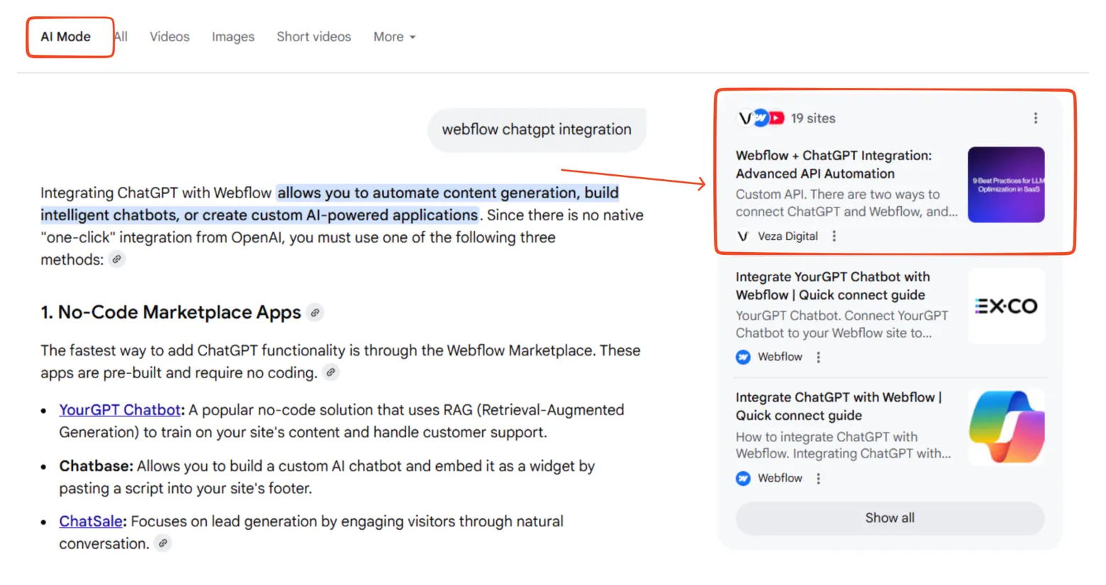Google AI Mode answer for webflow chatgpt integration showing a 19-site source panel with a Veza Digital article, Webflow plus ChatGPT Integration Advanced API Automation, as the first cited source.