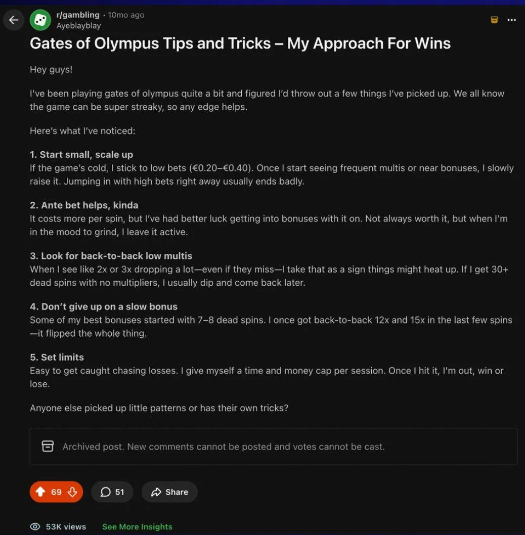 Reddit thread in r/gambling titled Gates of Olympus Tips and Tricks, My Approach For Wins, with five numbered tactical sections, 69 upvotes, 51 comments and 53 thousand views.